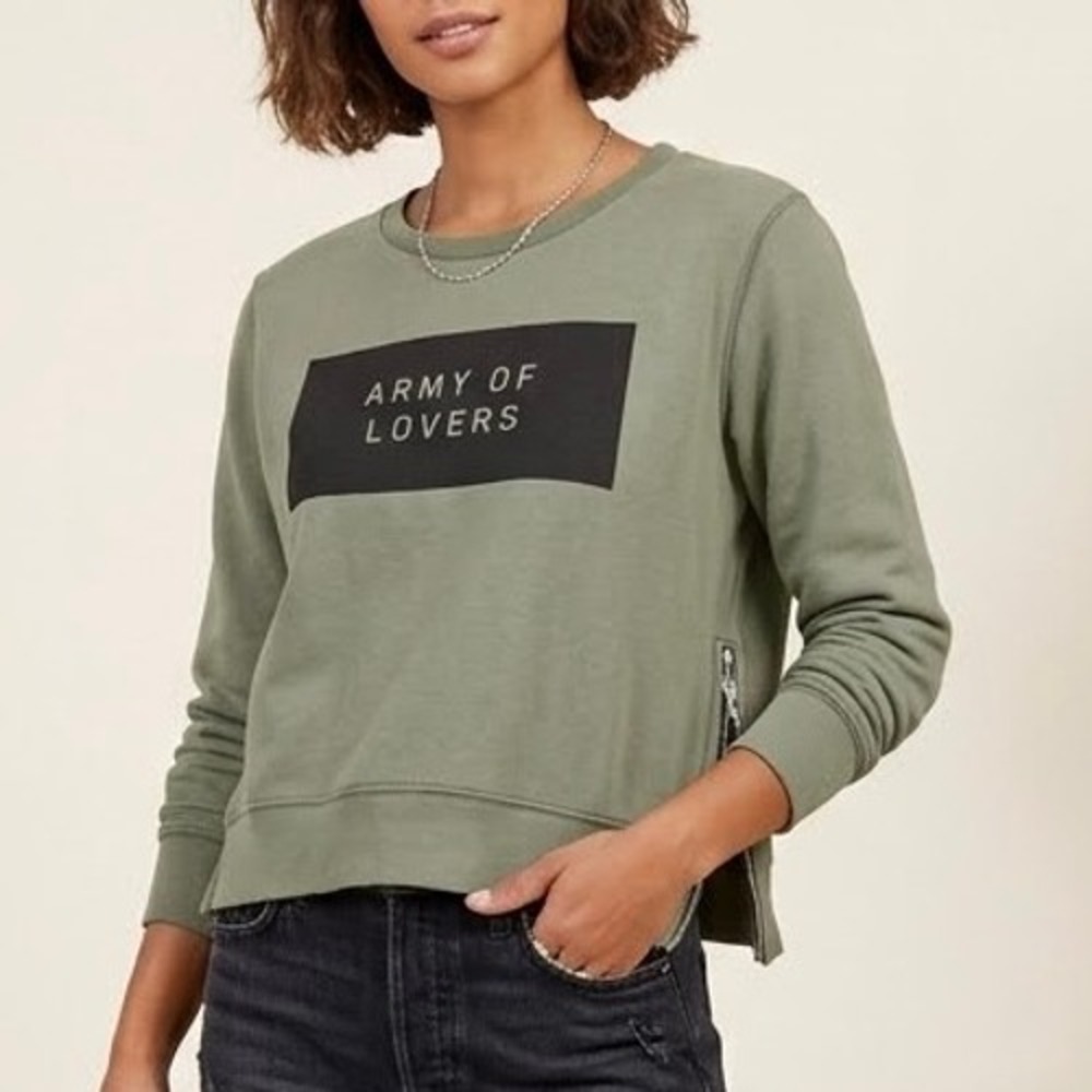 Sundry Cropped Sweatshirt Army of Lovers Side Zip Sage Green Women Size 2